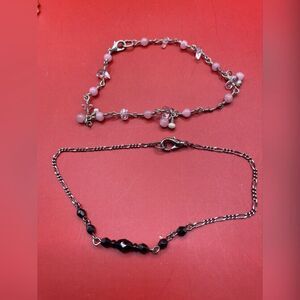 Pair Silver Tone Beaded Bracelets Pink Black